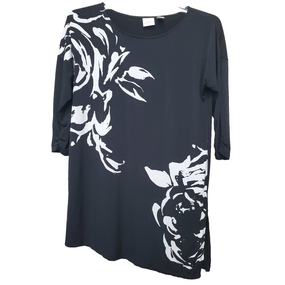 Chico's Knit Kit Black Shadow Rose Print Angled Hem Tunic Size 1 Medium - Picture 1 of 9